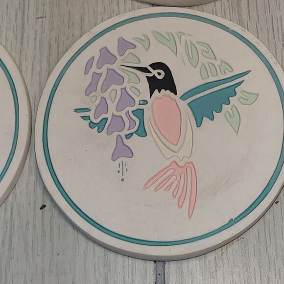 Vtg Southwestern Hummingbird Ceramic Coaster Set Of 4 NWOT Coastal Boho - Picture 3 of 11